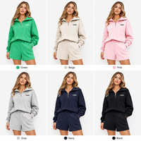 Supplier Grosir Set Celana Pendek dan Atasan Wanita Custom, Model Half Zip, 2 Potong, Oversize, Kasual, Streetwear, Lounge Wear, OEM ODM