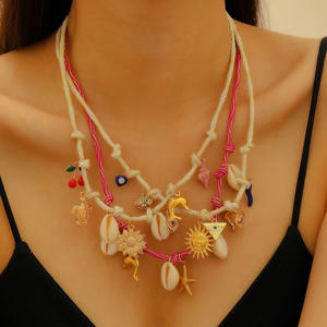 Collier tendance de style bohème pour les <span class=keywords><strong>vacances</strong></span>, plaqué or, pierre de naissance de <span class=keywords><strong>juillet</strong></span>, coquille de cerise, étoile de mer, nœud de fleurs, pendentif à glands - Product Image 1