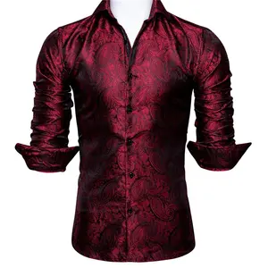 Chemises de marque personnalisée grande taille rouge bordeaux pour hommes chemise vintage surdimensionnée décontractée à manches longues et col brodé Paisley pour printemps