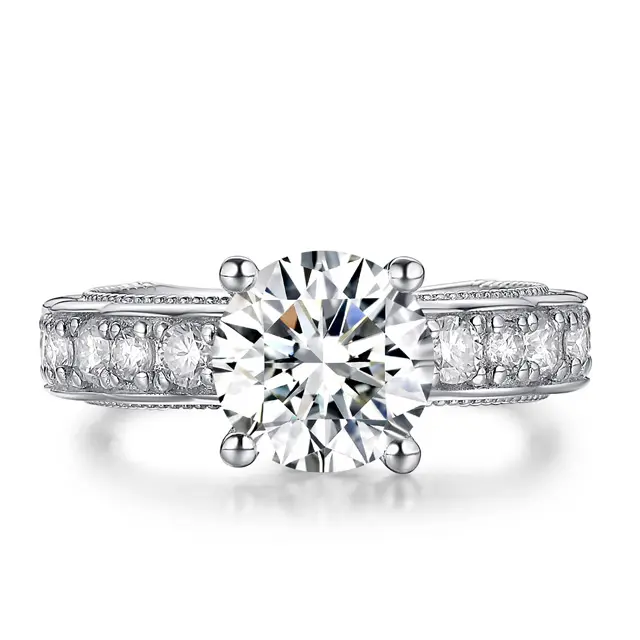 Anel de ouro branco e sólido 100% 18k, anéis de moissanite com corte redondo vvs, anéis redondos para noivado e laboratório