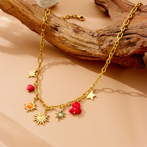 Fashion Layered Necklace Double Chain Cherry Heart Pendant Gold Tone Stainless Steel Gift Jewelry - Product Image 2