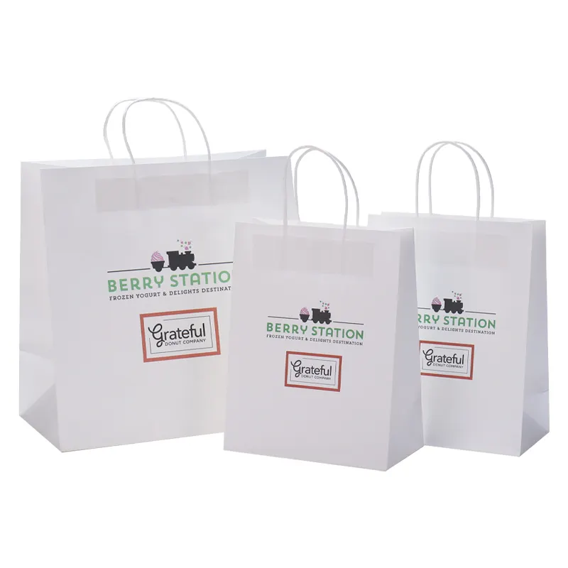 Atacado personalizado luxo artesanato presente marrom branco embalagem bolsa de papel impresso shopping bag sacos de papel kraft com seu próprio logotipo
