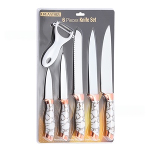 Lot de 6 couteaux de cuisine en acier inoxydable avec manche en plastique imprimé marbre, décoratifs, avec éplucheur, emballage sous blister - Product Image 1