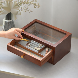 Transparent Wooden Jewelry Box Rectangle Modern Style <b>With</b> Glass Top And Four <b>Drawers</b> For Earring Storage Display - Product Image 3