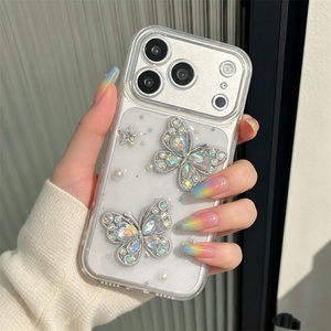 Coque de téléphone transparente antichoc avec cadre diamanté, motifs fleurs et papillons, paillettes époxy, pour iPhone 17 16 15 Pro Max - Product Image 5