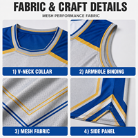 Seragam Basket Bentuk V Warna Perak Biru Emas Kustom, Set Jersey dan Celana Pendek Bahan Mesh Bernapas untuk Turnamen Bola Basket Universitas