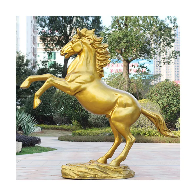 Statue de cheval en fibre de verre, grande taille, décoration de jardin d'extérieur, sculpture d'animaux en polyrésine dorée, à vendre