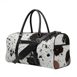 Cowhide Leather Duffle Bag Oval Shape Double Handle Zipper Closure Unisex Travel Bag Brown White Pattern - Product Image 1