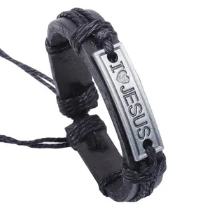 Brown Black Vintage Bangle Leather Wrap Bracelet Religious Christian Gift Jewelry I Love Jesus Leather Bracelet For Women Men