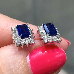 Orecchini rettangolari con zirconi di colore blu zaffiro per donna, gioielli geometrici alla moda - Product Image 2