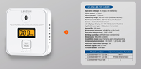 Détecteur de monoxyde de carbone (CO) pour usage domestique, norme européenne EN50291, en matériau ABS, à fixation murale, avec alarme sonore et lumineuse.