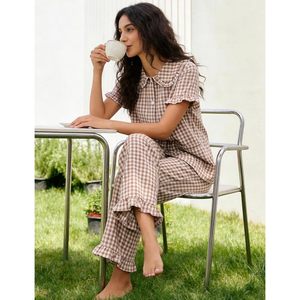 Gingham Pajama Set For Women 2 Piece Short Sleeve Button <b>Down</b> Cotton Sleepwear Plaid <b>Pants</b> With Ruffle Details Casual Lounge - Product Image 5