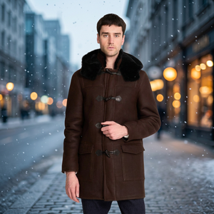 Manteau d'hiver en laine marron pour homme avec col en fausse fourrure, col rabattable, coupe-vent, style décontracté, coupe régulière - Product Image 4
