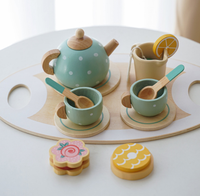 Service à thé en bois pour tout-petits, design Art Déco, décoration de table de jeu pour filles et garçons, pots et casseroles couleur naturelle, coffret cadeau d'anniversaire pour enfants