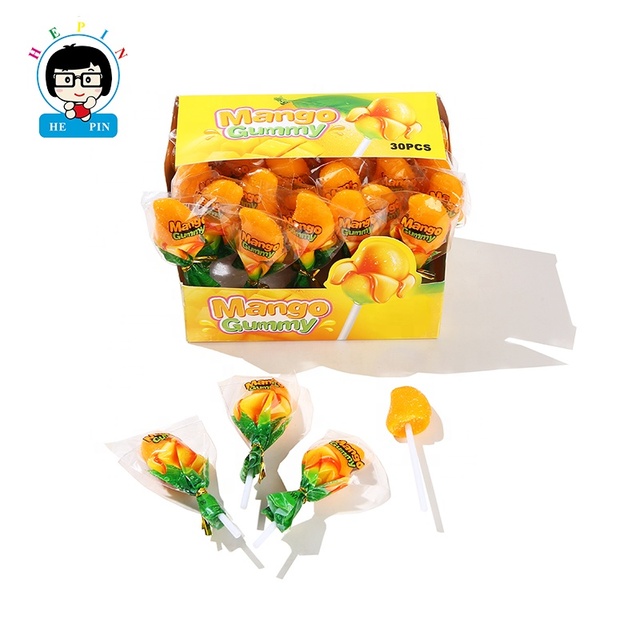 Wholesale Mango Flavor Gummy Lollipop Sweet Mango Shaped Soft Candy Tastey Fruit Flavor Lollipop