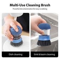 Brosse à vaisselle hygiénique en PP et TPR bleu-gris pour évier de restaurant avec support de rangement et distributeur de savon intégré