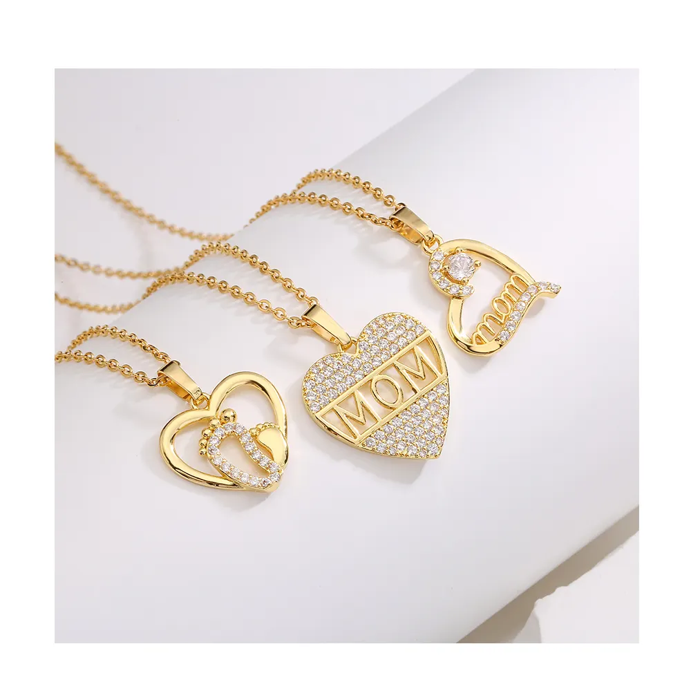 New Heart Mama Full Diamond Pendant Necklace 18K Gold Zirconia Colorful Link Chain Necklace for Mom