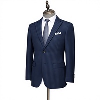 Costume d'affaires bleu marine rayé en tissu TR viscose/polyester, col à revers, simple boutonnage, coupe ajustée pour homme adulte