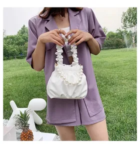 2020 New Korean Pearl Wrinkled Cloud Women Drawstring PU Crossbody Clutch Ruched Dumping Bag Simple Fashion Handbag