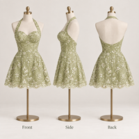 Mini-robe personnalisée pour femme en dentelle et maille, broderie florale, col licou, corsage style corset, ourlet festonné, coupe trapèze, pour occasions
