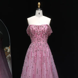 Vestido de Fiesta Jancember LSZ226 Rosa Hada, Sin Tirantes, con Cuentas, Tul, Corte en A, con Lentejuelas - Product Image 3