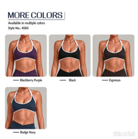 Soutien-gorge de sport dos nu à encolure profonde pour femme, avec bordure contrastante, coussinets amovibles, sans armatures, maintien moyen, pour entraînement, Pilates, Yoga