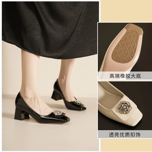 Zapatos de Tacón Medio con Punta Cuadrada y Decoración Floral, Zapatos de Oficina Cómodos para Mujer, Zapatos de Una Sola Pieza de Color Sólido con Forro de Microfibra y Suela de Goma - Product Image 5