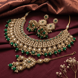 Elegant Kundan Antique Gold Plated Green Emerald <b>Rope</b> <b>Chain</b> Choker Necklace Set Matching Earrings Maang Tikka Engagement Wear - Product Image 5