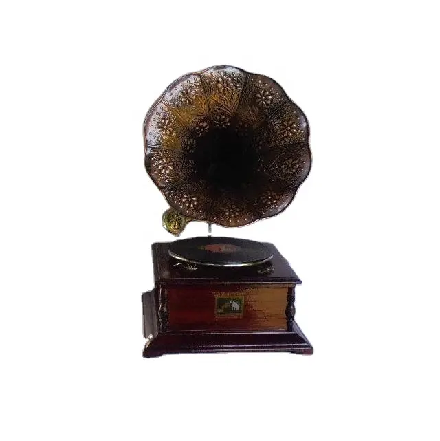 Square Wooden Base Gramophone With Brass Horn in Antique Copper Finish Home Decor Gramophone
