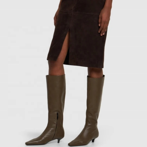 Bottes hautes d'hiver faites à la main pour femme, style western, coupe large, grande taille 46, talons bas, bout pointu, fermeture éclair latérale, bottines longues - Product Image 1