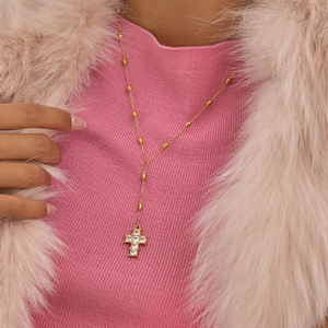 Collana a Y J&D Stile Classico con Ciondolo a Croce in Cristallo Quadrato Bianco Acciaio Inossidabile Placcato Oro 18K e Chiusura a Sfera - Product Image 3