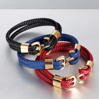 Bracelet en acier titane pour hommes européens et américains, couleur or, design ancre tressé en cuir de vachette personnalisé, véritable acier inoxydable