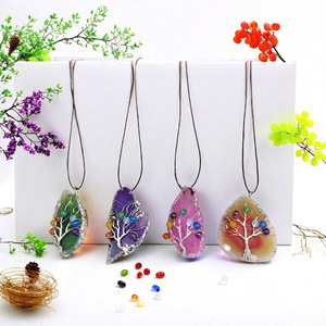 Kalung liontin batu akik alami manik-manik warna-warni pohon kehidupan buatan tangan sutra campuran perhiasan - Product Image 1