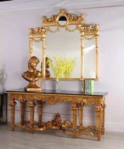 Baroque style royal 2.2m Long narrow marble top wood color console table