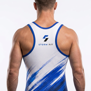 Combinaison de lutte Storm Fit pour homme, ajustée, compressive, une pièce, bleu et blanc, impression par sublimation, évacuation de l'humidité, respirante - Product Image 5