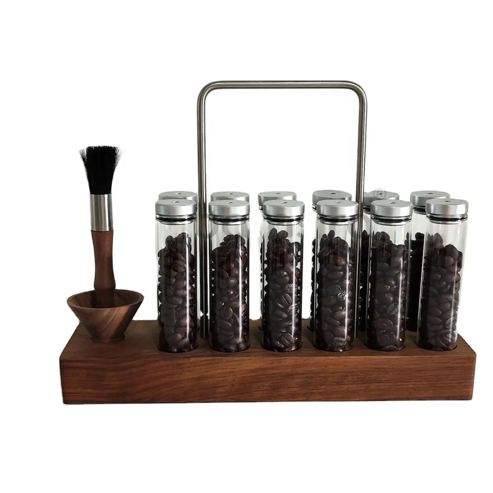 1 Juego de tubo de almacenamiento de sello de grano de café expreso de madera con tapa dispensador de granos de café de bodega de vidrio