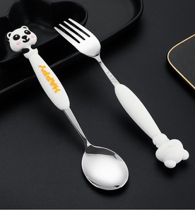 Food Grade Animal Shaped Spoon and Fork Set Silicone Handle Flatware Cartoon Kids Stainless Steel <strong>Cutlery</strong> Set for <strong>Children</strong> - Product Image 5