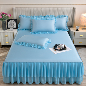 Fundas <span class=keywords><strong>de</strong></span> <span class=keywords><strong>Cama</strong></span> Desmontables Elásticas con Volantes en Color Azul Claro, Estilo Nórdico 2026, <span class=keywords><strong>de</strong></span> Seda <span class=keywords><strong>de</strong></span> Hielo, Encaje Bordado y Mezcla <span class=keywords><strong>de</strong></span> Lino - Product Image 1