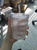 Vaso de Vidrio para Café de 450 ml con Diseño de Rayas Simples, con Tapa y Pajita, Tazas para Té de Burbujas, Taza para Desayuno