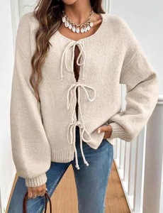 <span class=keywords><strong>Cardigan</strong></span> en tricot simple pour femmes - Confortable et ample - Design à cordon de serrage en tricot - Style décontracté printemps - Haut rétro - Product Image 1