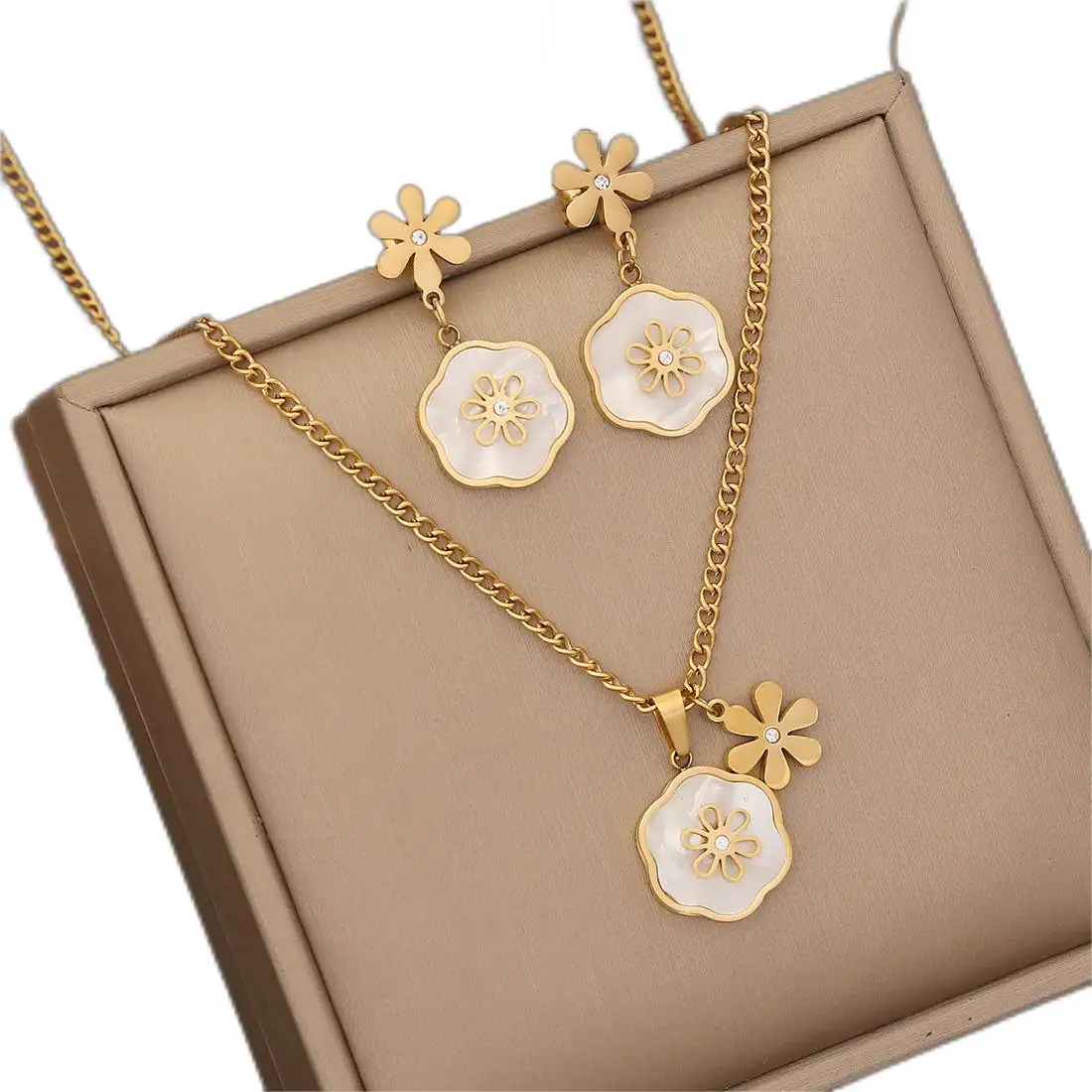 Muschel Zirkon elegante Blume Mode Edelstahl 18k Gold vergoldet Halskette Armband Ohrringe italienische Schmuck-Sets für Damen
