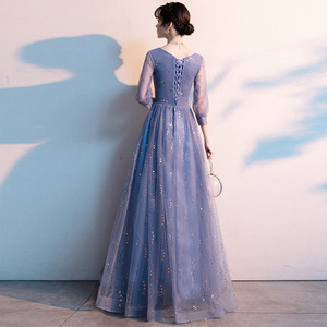 Elegant Blue Evening Gown Square Collar Empire Waist Long Sleeve For Wedding Party Banquet Annual Meeting - Product Image 3