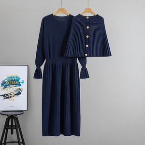 Women's Knitted Sweater <b>Dress</b> Set Autumn <b>Long</b> <b>Sleeve</b> Pleated Skirt Two Piece Outfit - Product Image 4