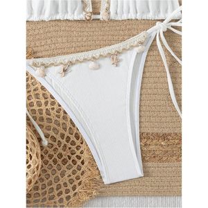 FOXA Women's 2 Piece <b>Bikini</b> <b>Set</b> Halter Triangle With Shell Trim Tie Side <b>String</b> Thong Bathing Suit - Product Image 2