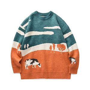 Pull tricoté surdimensionné vintage pour homme, motif vache des prairies, à manches longues et col rond - Product Image 2