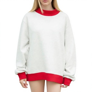 เสื้อสเวตเชิ้ตคอกลมโอเวอร์ไซส์สำหรับผู้หญิง สีขาวขอบแดง ผ้าฝ้าย แขนยาว สวมใส่สบาย เสื้อฮู้ดดี้และเสื้อสเวตเชิ้ตสำหรับผู้หญิง - Product Image 1