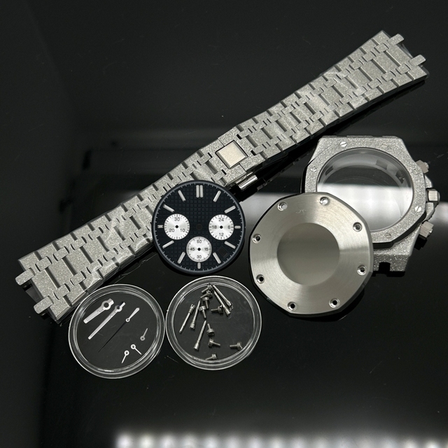 41mm Silver Star Sand Chronograph Stainless Steel Case Strap Watch Dial Hands  Accessory Fits Oak Japan VK63 Quartz Movement