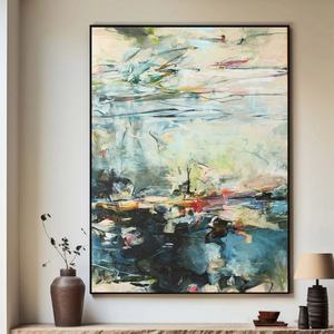 Peinture abstraite texturée sur toile, paysage abstrait atmosphérique en bleu et vert pour la maison et la galerie - Product Image 3