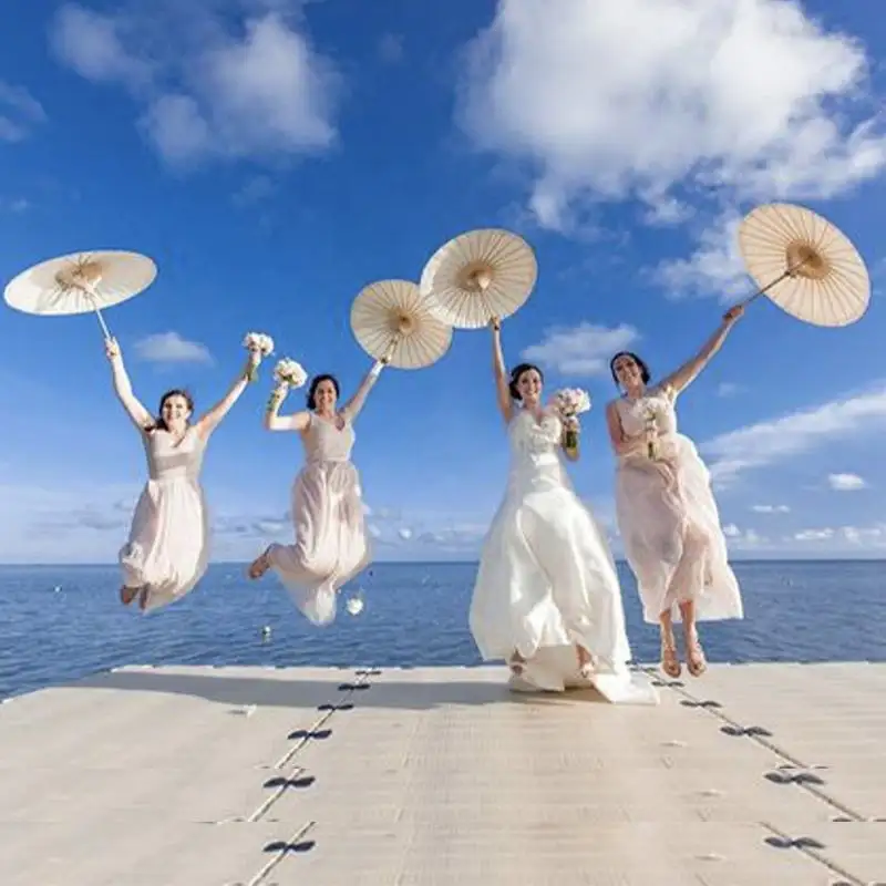 FINE OCEAN Handheld Plain White Wedding Paper Wood Parasol Umbrella Sun Paper Chinese Parasol