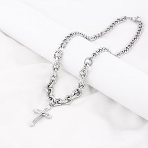 yunnique Stainless Steel <b>Cross</b> Pendant Necklace With Diamond Studs Long <b>Chain</b> Fashion Jewelry For Men And Women - Product Image 2